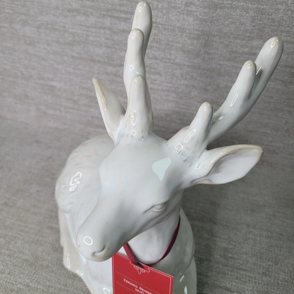 Pottery Barn Ceramic Reindeer White Glazed Christmas Decor Buck Figurine NEW